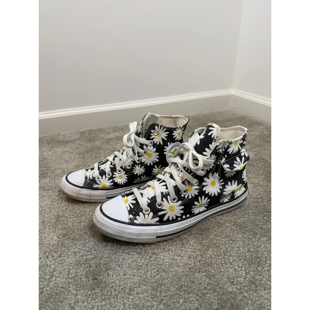 Converse High Top Sneakers Black with White and Yellow Daisy Print - Picture 8 of 9